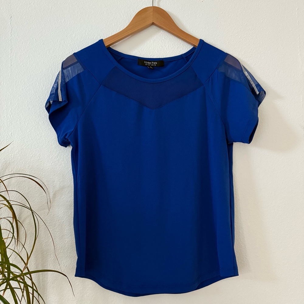 Louise Paris Blue Blouse with Sheer Accents and Sleeve Details